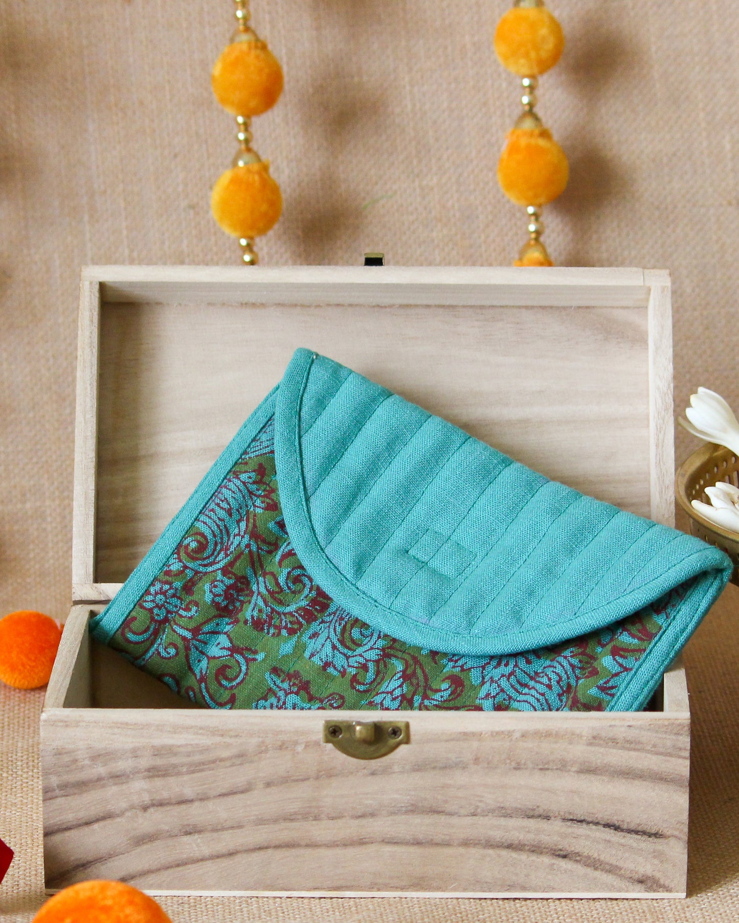 Arabic Blue Hand Block Printed U- Shape Purse