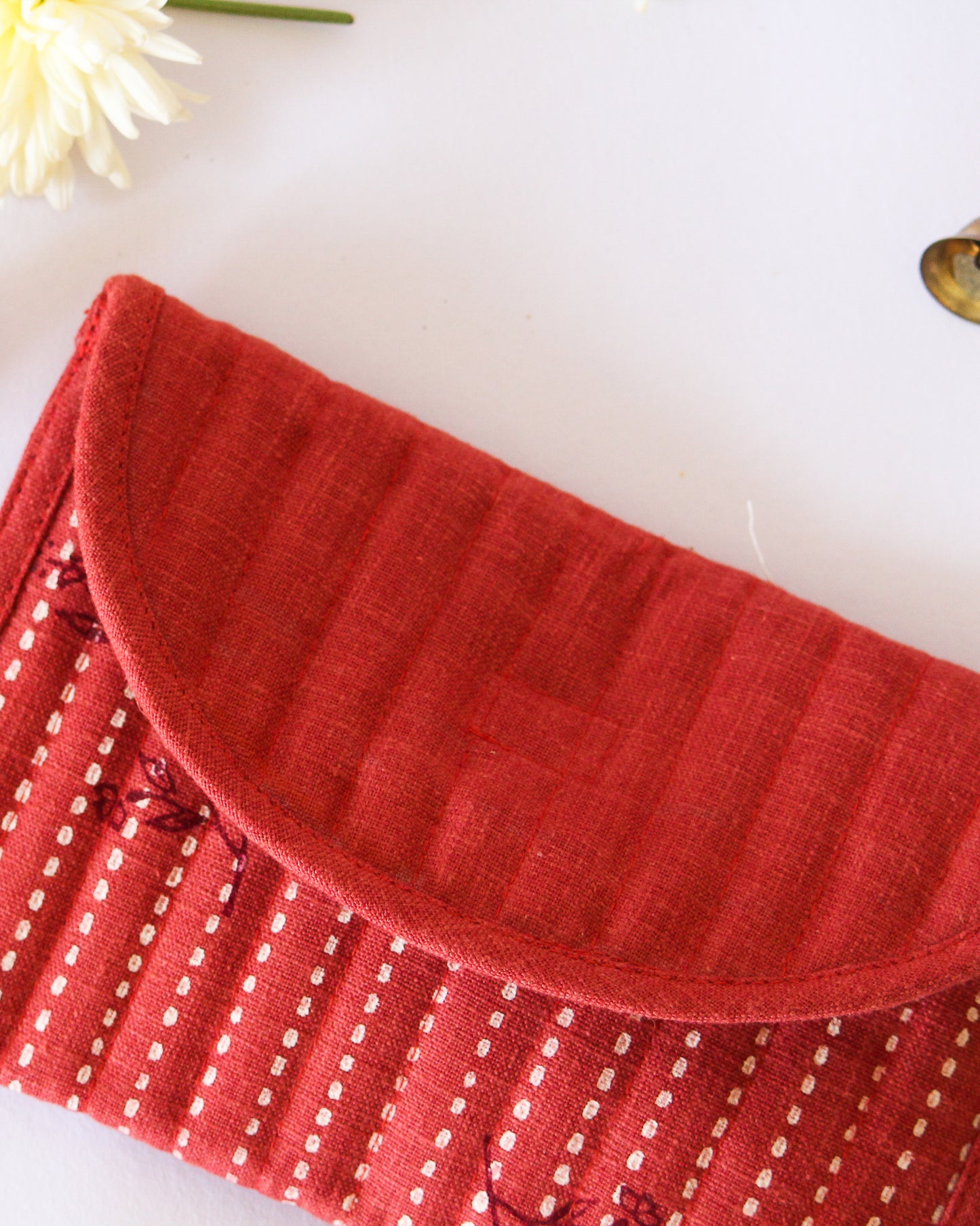 Red Hibiscus Hand Block Printed U-Shape Purse