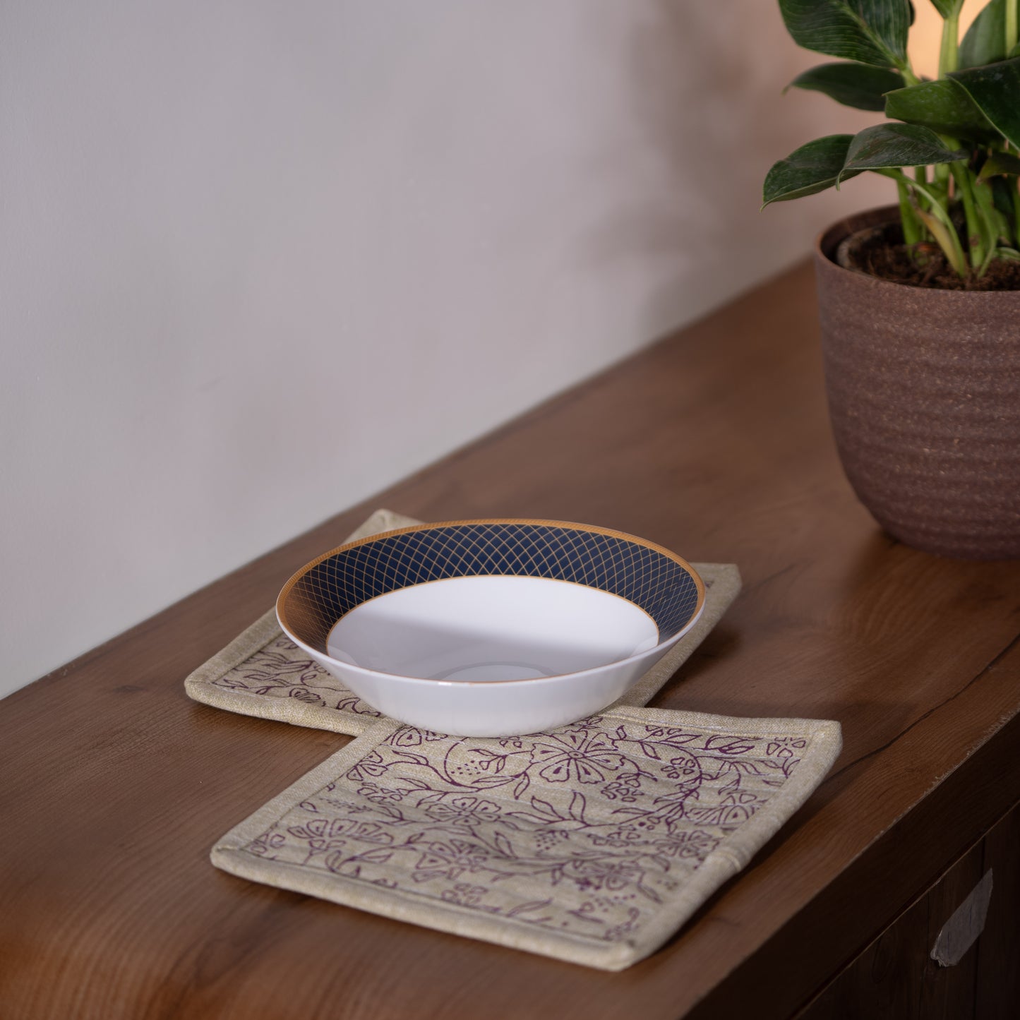 Botanical Green With Purple Block Printed Serving Coaster