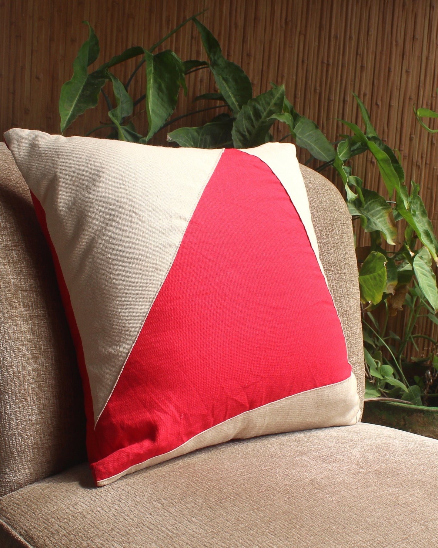 Beige and Red Triangular Cushion Cover