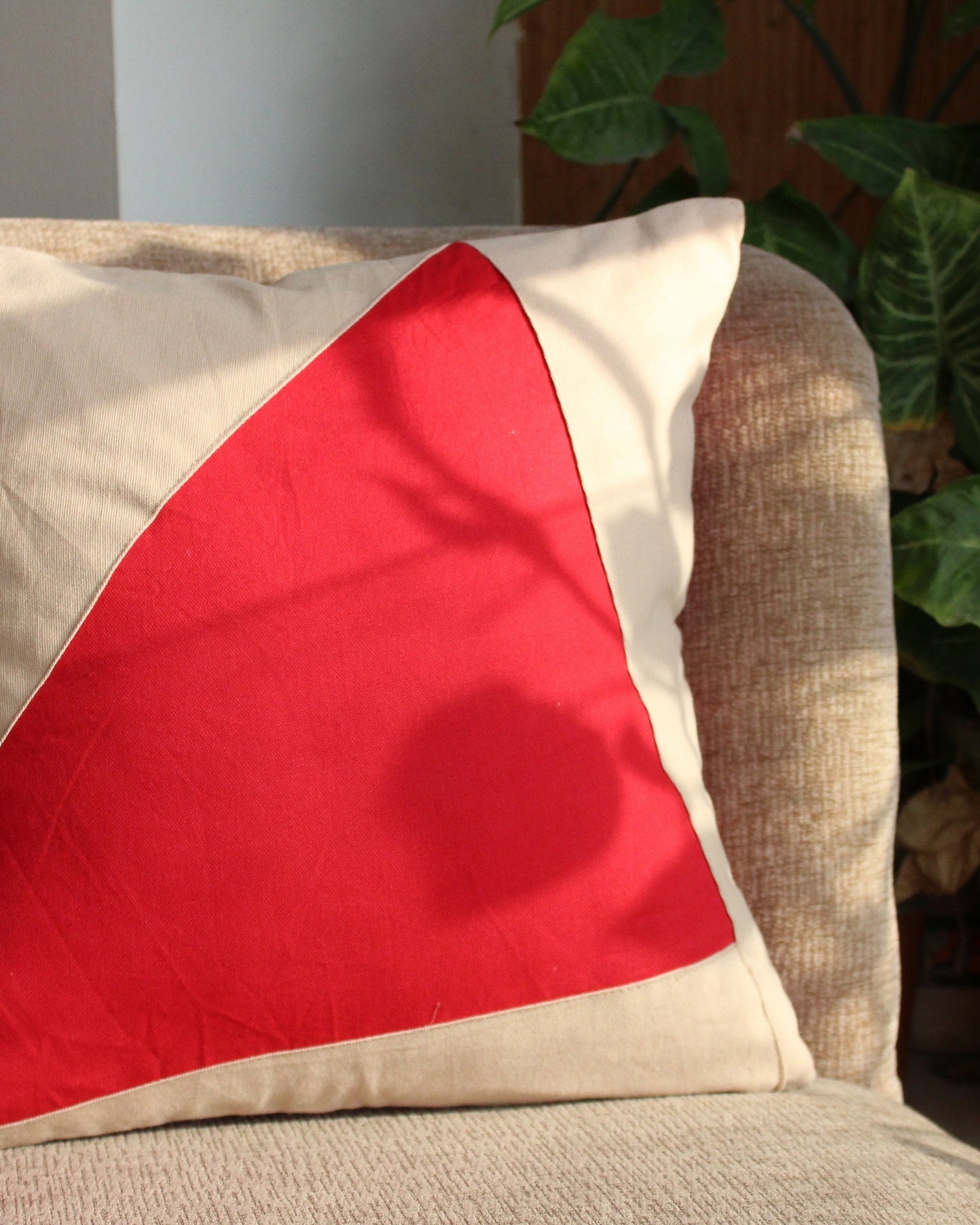 Beige and Red Triangular Cushion Cover