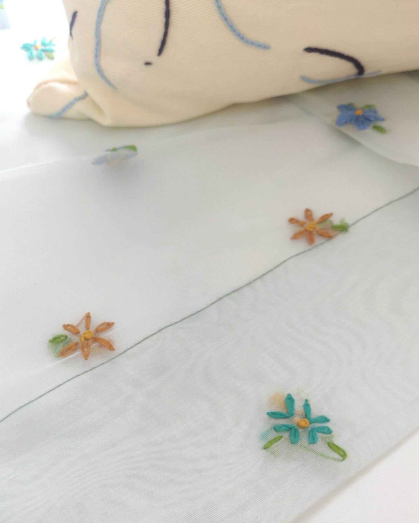 Baby Blue Hand-Embroidered Sheer Curtain Set