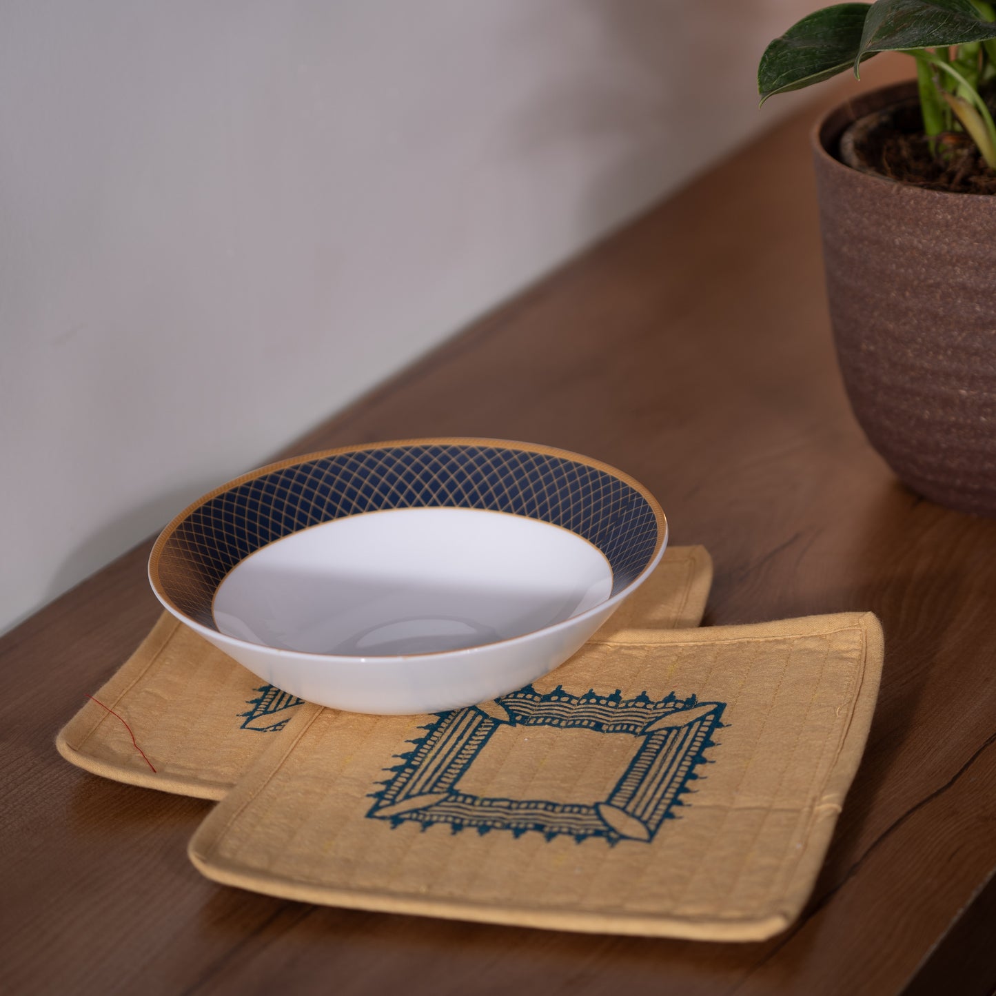 Sunny Yellow With Blue Block Printed Serving Coaster